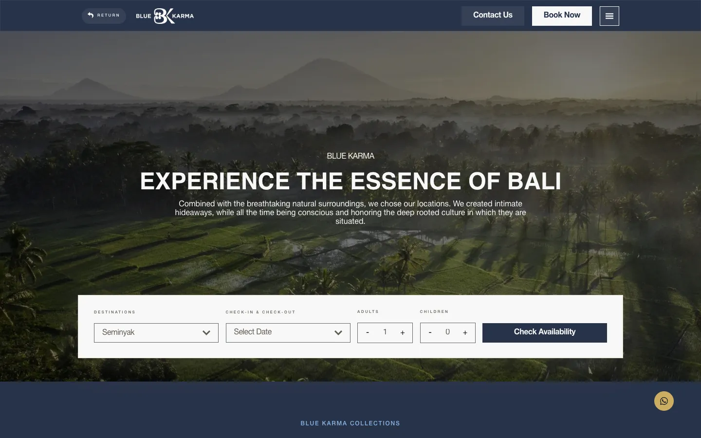 Halaman beranda website Blue Karma Secrets di atas sawah berkabut