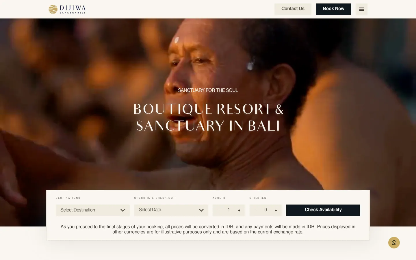 Halaman beranda website Dijiwa Sanctuaries dengan kolom reservasi