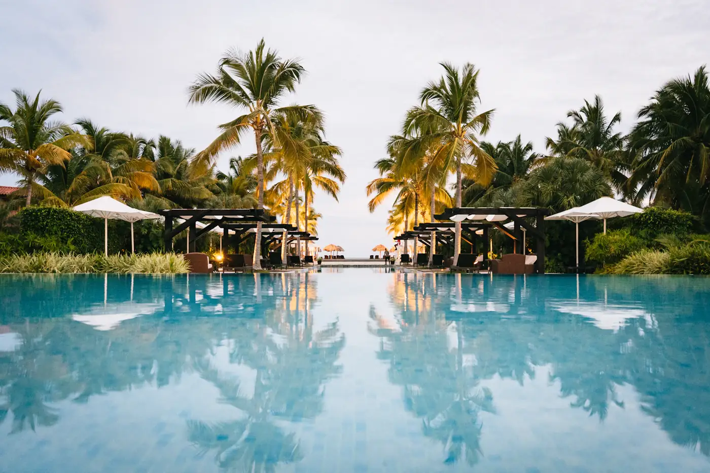 Private pool with palms reflected in the water