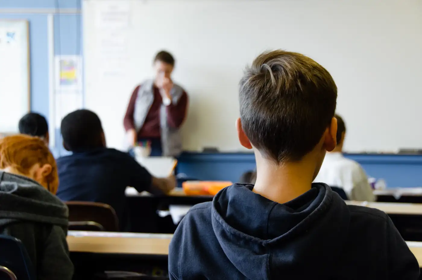 A boy in a hoodie seen from behind in class