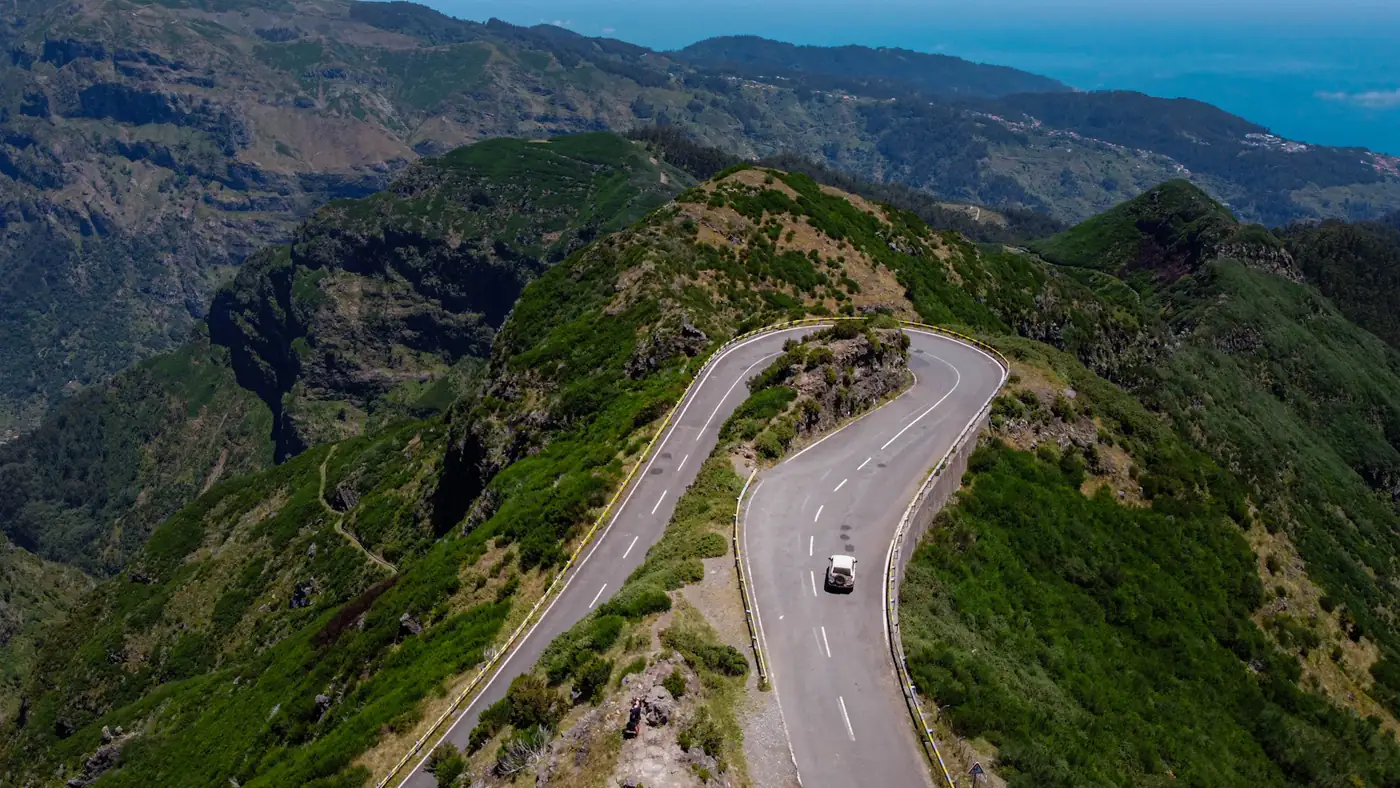 Aerial view of a winding mountain road