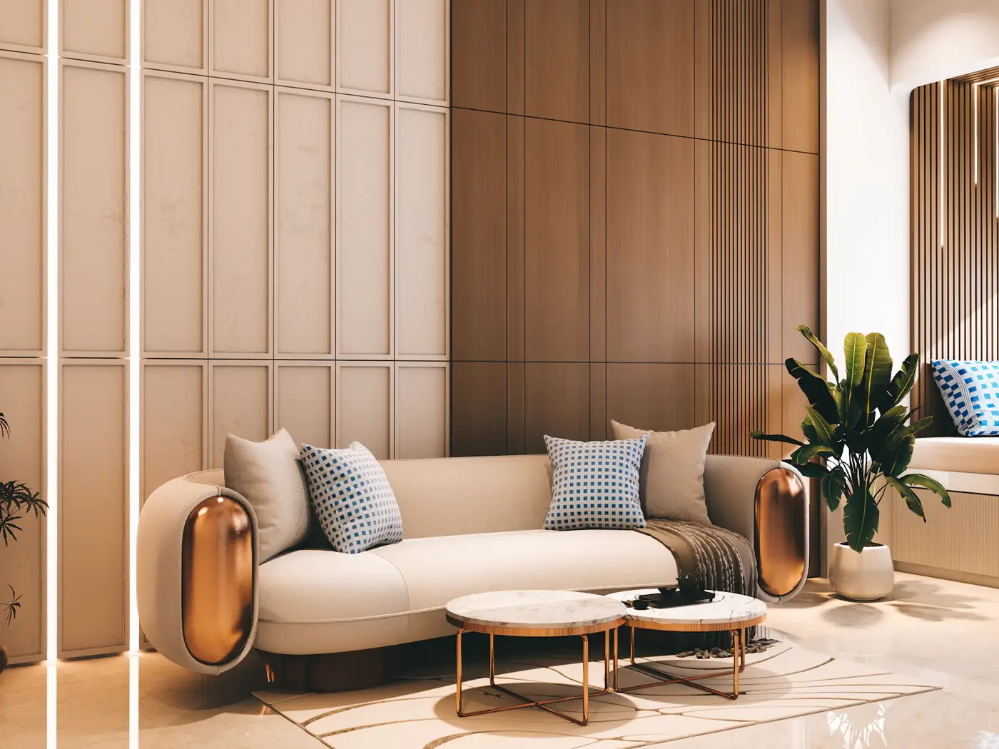 Curved sofa against a timber wall in the library