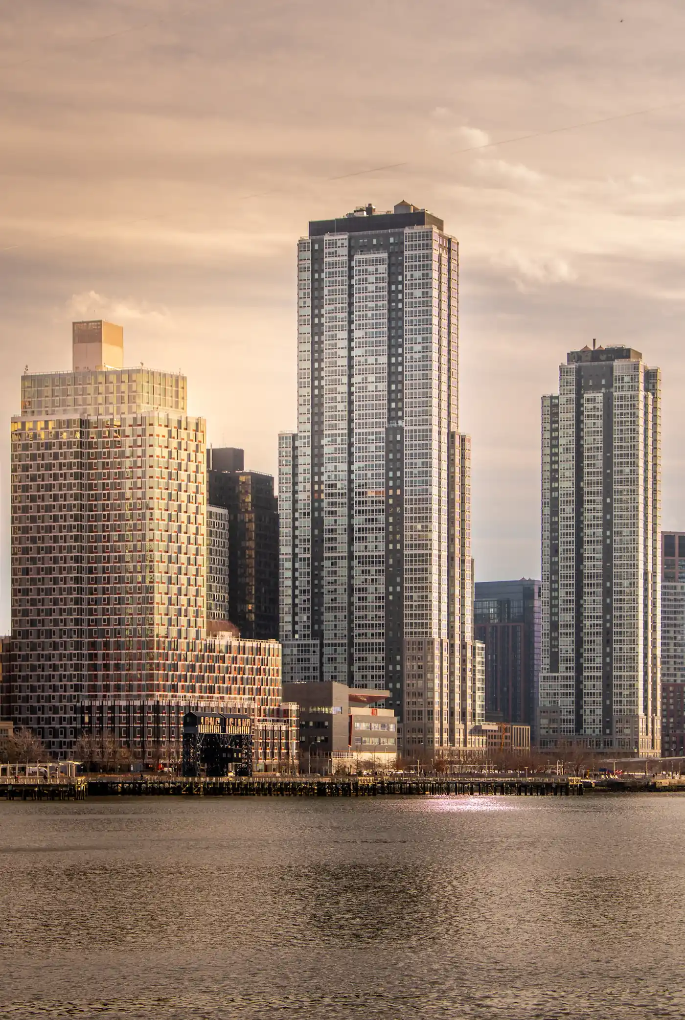 River and towers glowing at golden hour