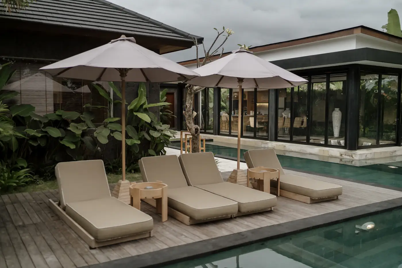 Loungers under parasols