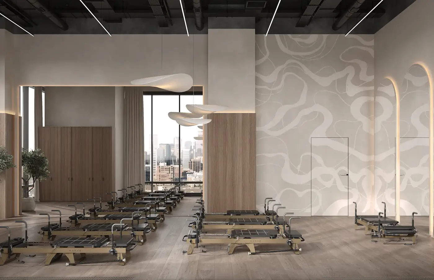 Reformer studio with a sculpted wall